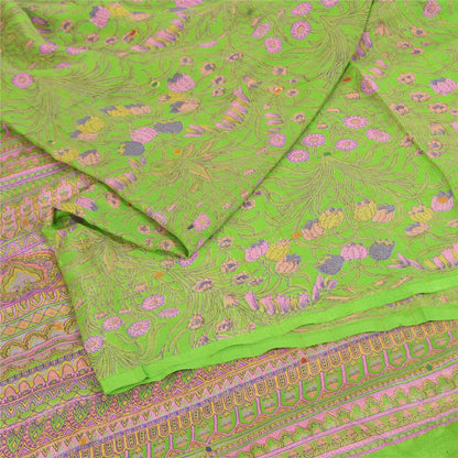 Sanskriti Vintage Sarees Green Pure Silk Printed Woven Sari 5+yd Craft Fabric