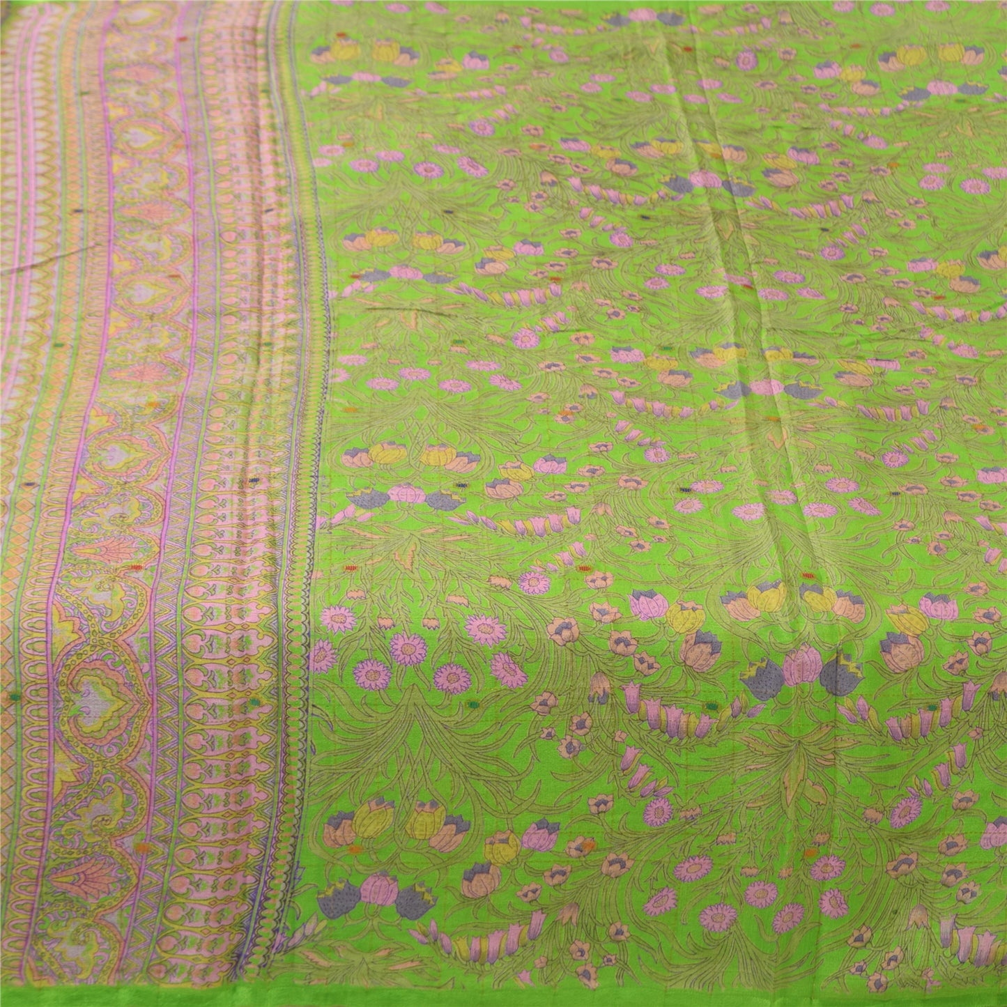 Sanskriti Vintage Sarees Green Pure Silk Printed Woven Sari 5+yd Craft Fabric