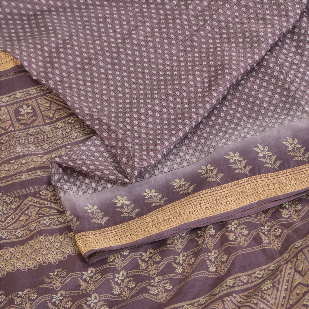 Sanskriti Vintage Sarees Mauve 100% Pure Silk Printed Sari 5+yd Craft Fabric