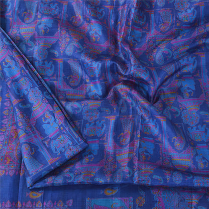 Sanskriti Vintage Sarees Blue Zari Border Pure Silk Human Print Sari 5+yd Fabric