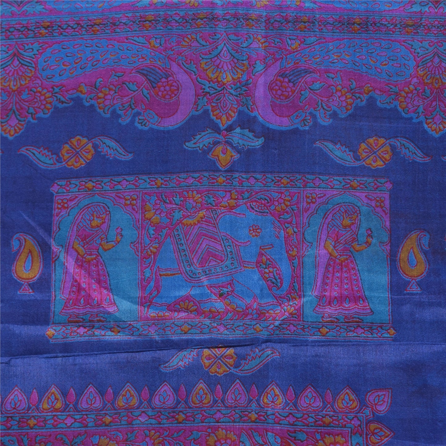 Sanskriti Vintage Sarees Blue Zari Border Pure Silk Human Print Sari 5+yd Fabric