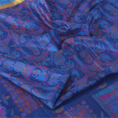 Sanskriti Vintage Sarees Blue Zari Border Pure Silk Human Print Sari 5+yd Fabric