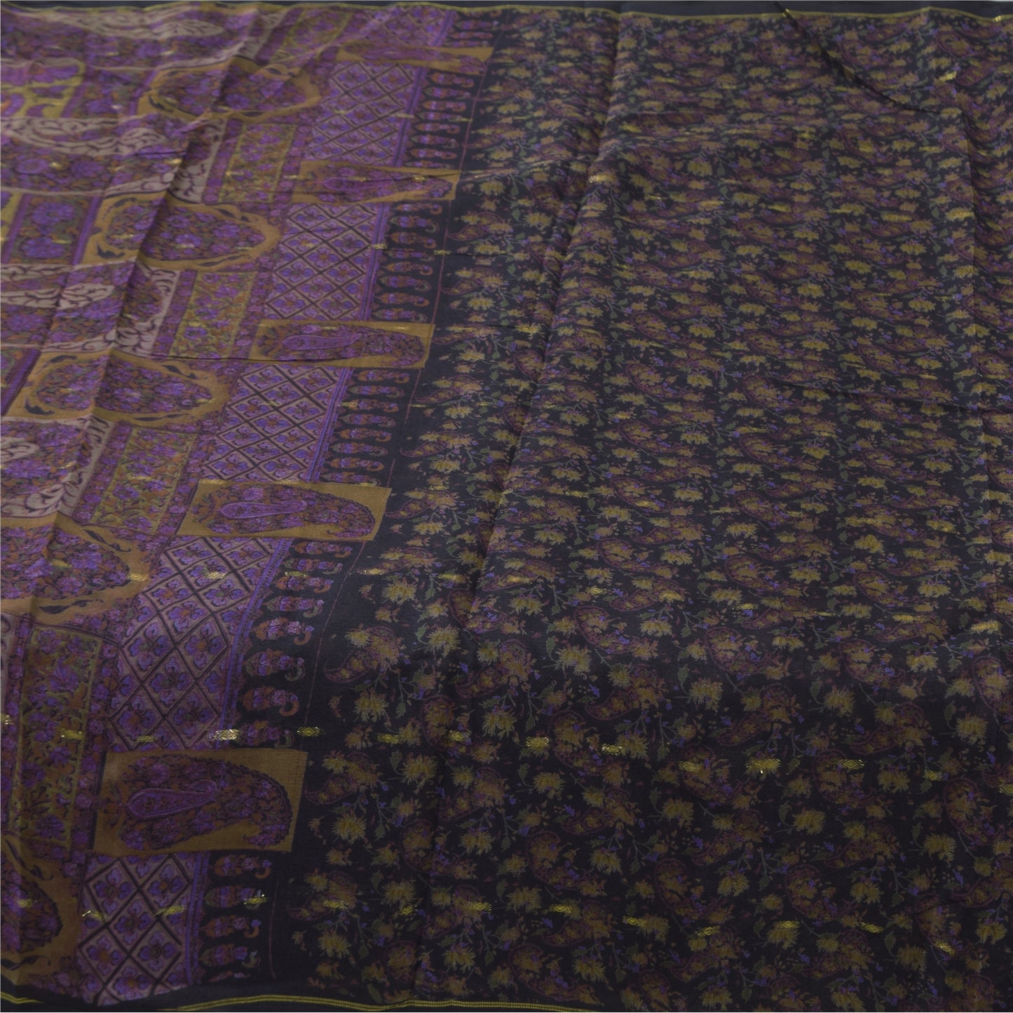 Sanskriti Vintage Sarees Black Pure Chinon Silk Printed Woven Sari 5+yd Fabric