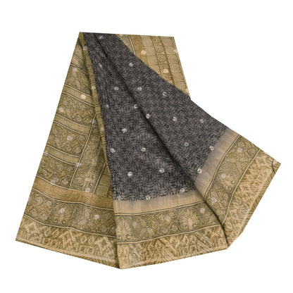 Sanskriti Vintage Sarees Grayish Black/Green Pure Silk Printed Sari 5+yd Fabric