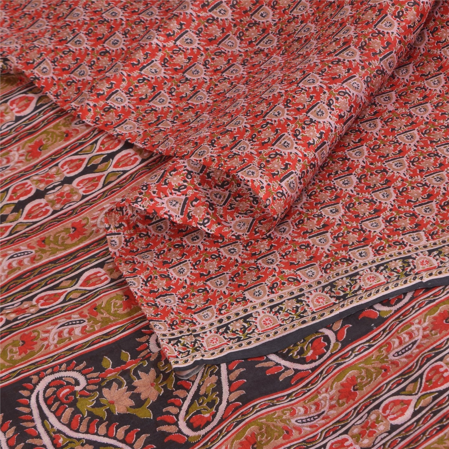 Sanskriti Vintage Sarees Red Indian Pure Silk Printed Sari 5+yd Craft Fabric