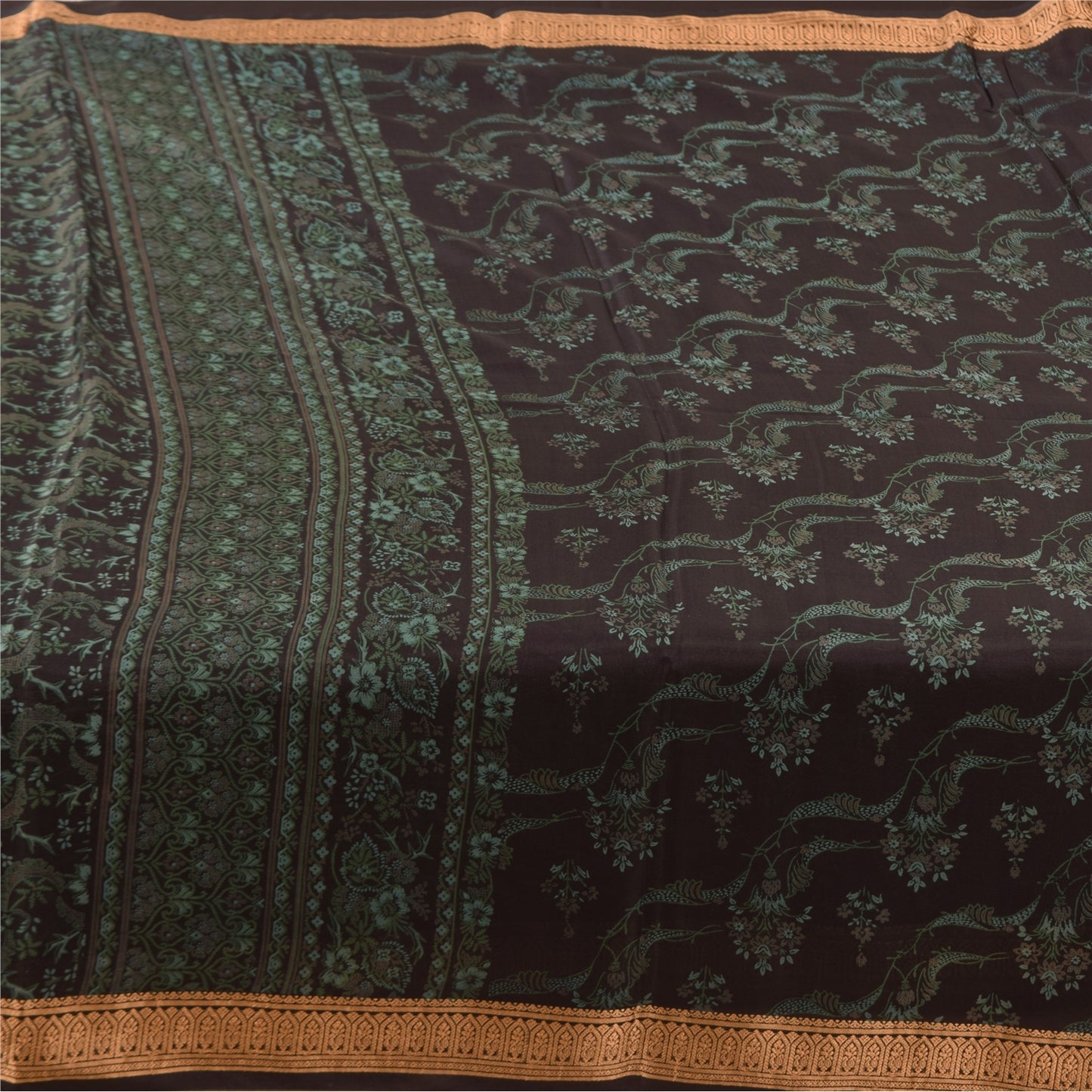 Sanskriti Vintage Sarees Brown 100% Pure Silk Printed Sari 5+yd Craft Fabric