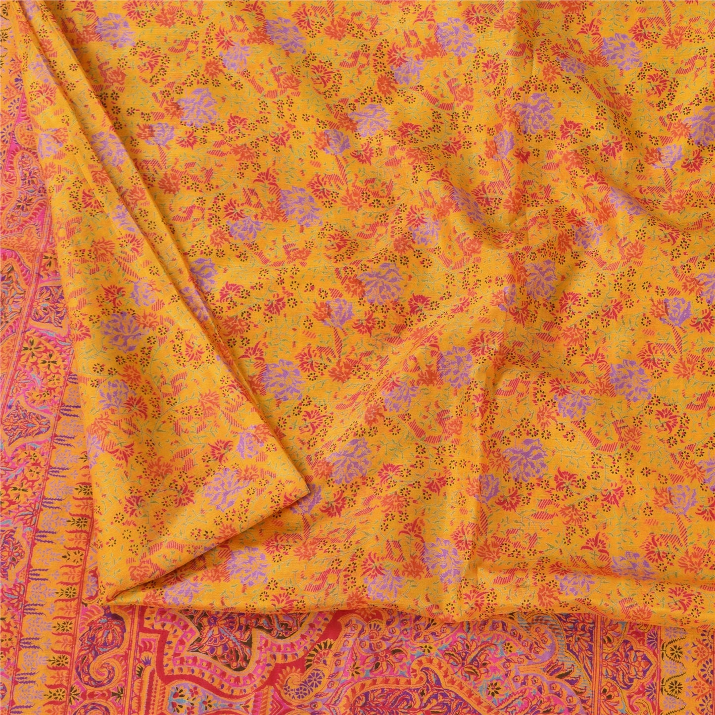 Sanskriti Vintage Sarees Yellow Zari Border Pure Silk Printed Sari 5+yd Fabric