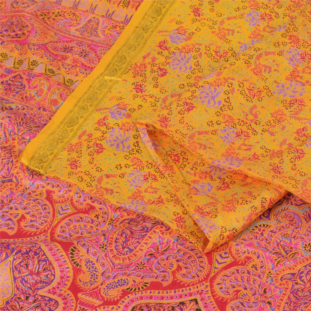 Sanskriti Vintage Sarees Yellow Zari Border Pure Silk Printed Sari 5+yd Fabric