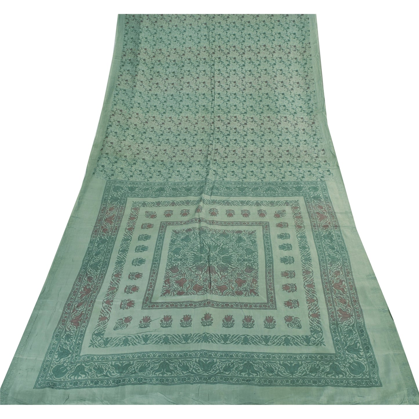 Sanskriti Vintage Sarees Sage Green Pure Silk Printed Sari 6+yd Craft Fabric