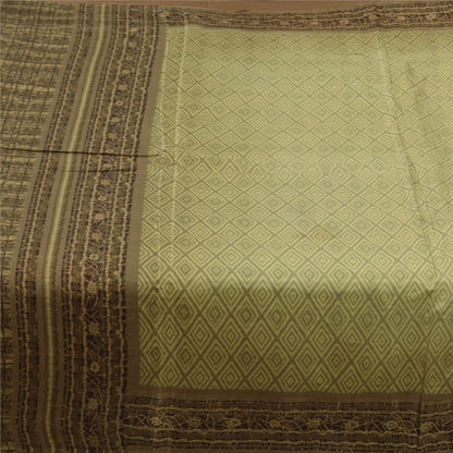 Sanskriti Vintage Sarees Cream 100% Pure Silk Printed Sari 5+yd Craft Fabric