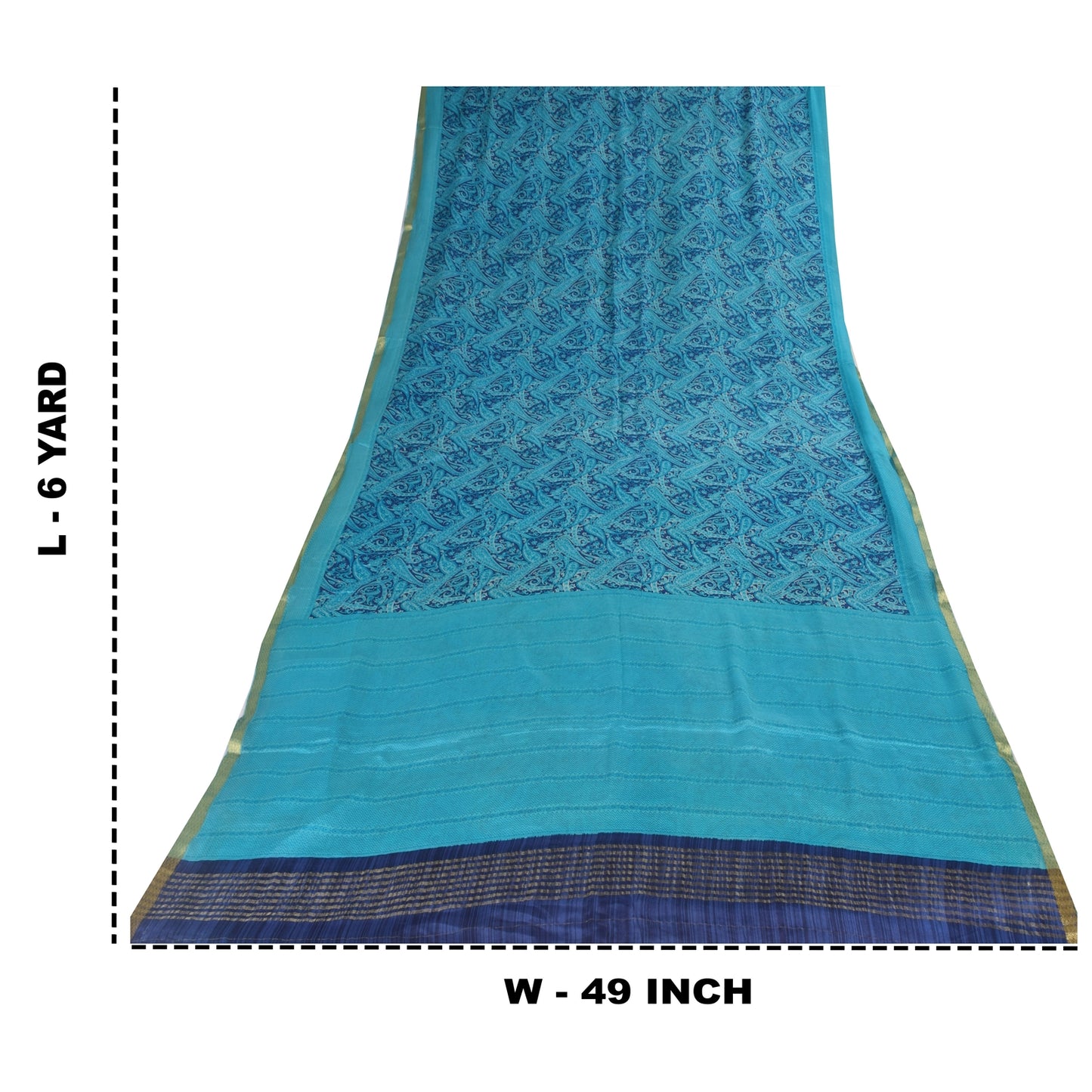 Sanskriti Vintage Sarees Blue Zari Border Pure Silk Print Sari 6+yd Craft Fabric