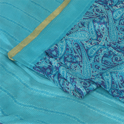 Sanskriti Vintage Sarees Blue Zari Border Pure Silk Print Sari 6+yd Craft Fabric