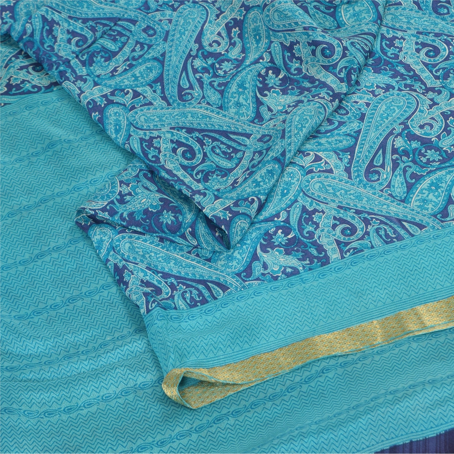 Sanskriti Vintage Sarees Blue Zari Border Pure Silk Print Sari 6+yd Craft Fabric