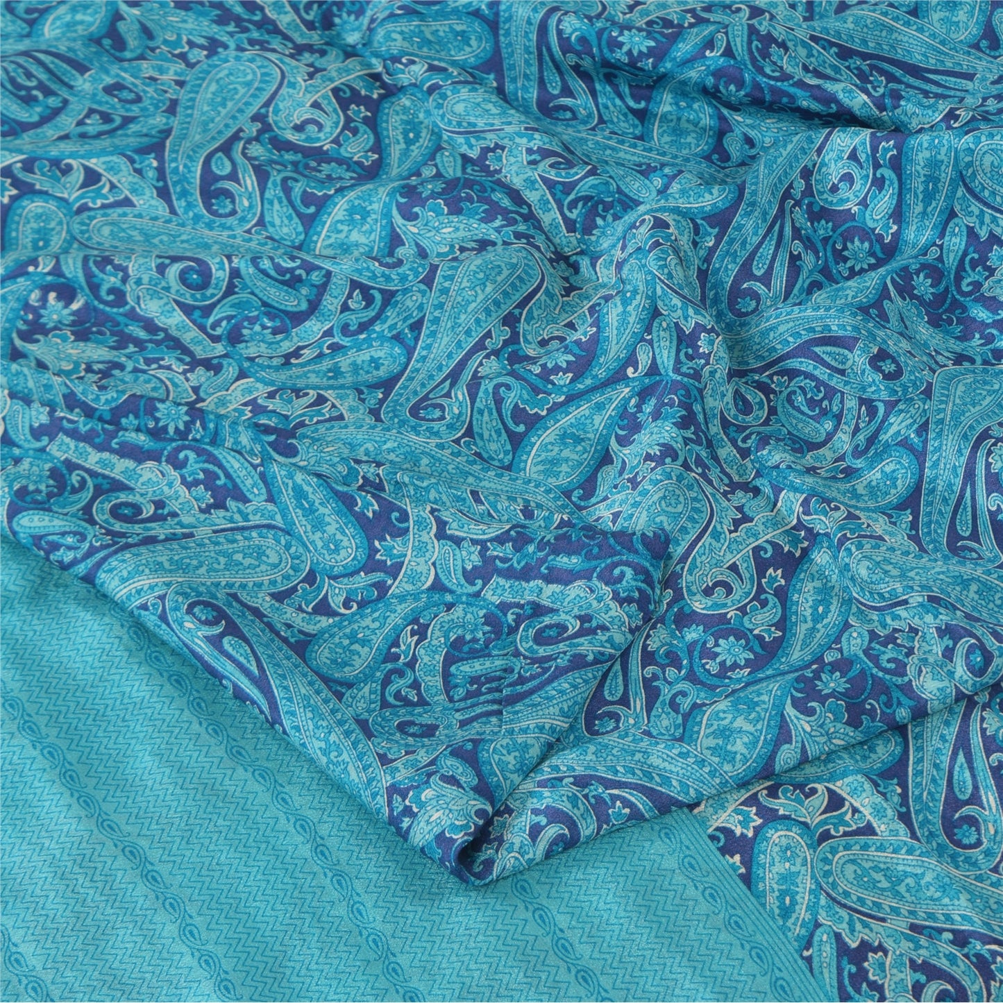 Sanskriti Vintage Sarees Blue Zari Border Pure Silk Print Sari 6+yd Craft Fabric