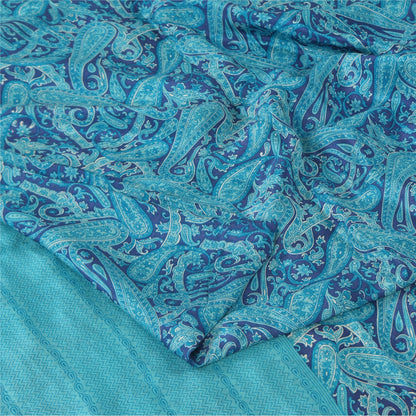 Sanskriti Vintage Sarees Blue Zari Border Pure Silk Print Sari 6+yd Craft Fabric