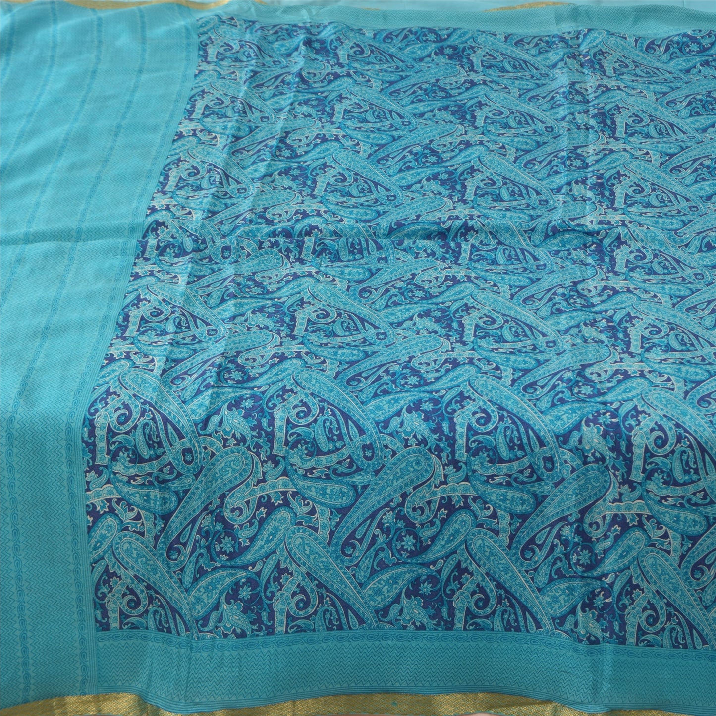 Sanskriti Vintage Sarees Blue Zari Border Pure Silk Print Sari 6+yd Craft Fabric