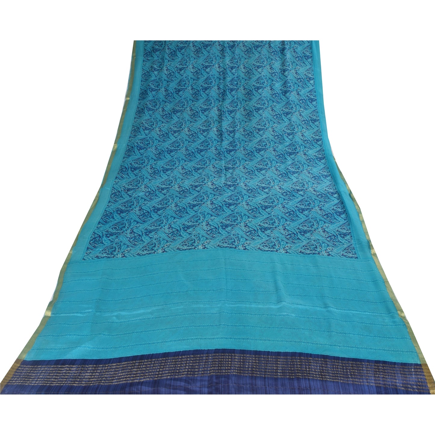 Sanskriti Vintage Sarees Blue Zari Border Pure Silk Print Sari 6+yd Craft Fabric