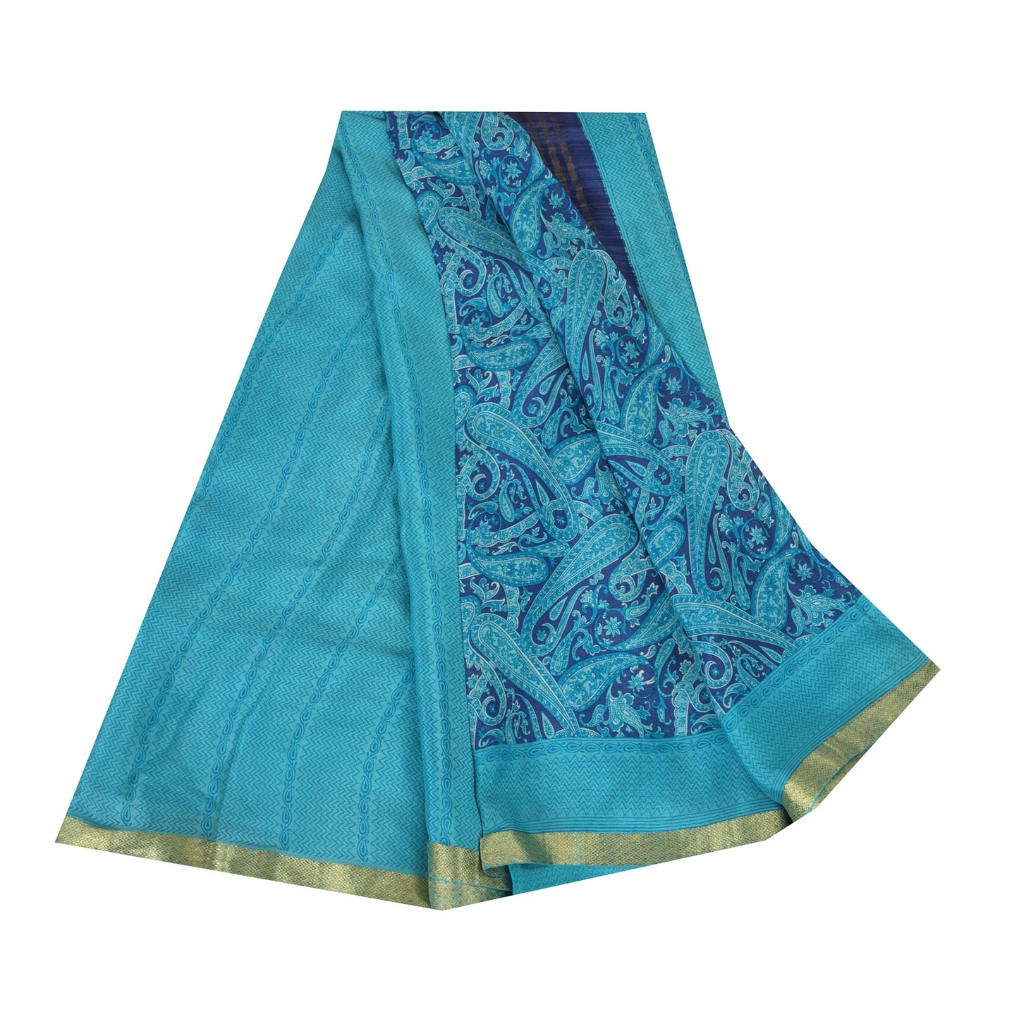 Sanskriti Vintage Sarees Blue Zari Border Pure Silk Print Sari 6+yd Craft Fabric