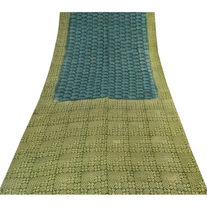 Sanskriti Vintage Sarees Blue/Green Pure Silk Block Print Sari 5+yd Craft Fabric