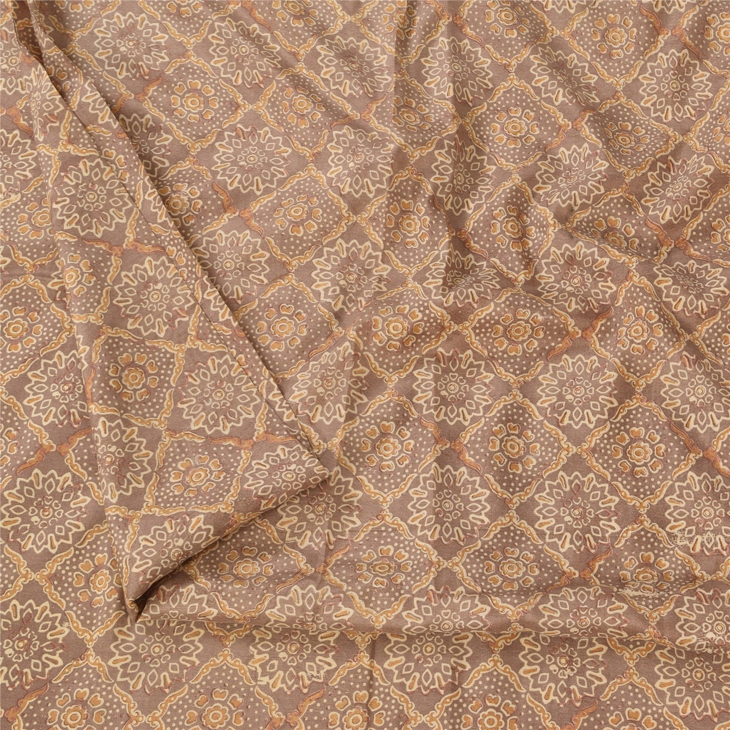 Sanskriti Vintage Sarees Brown Indian Pure Silk Printed Sari 5+yd Craft Fabric