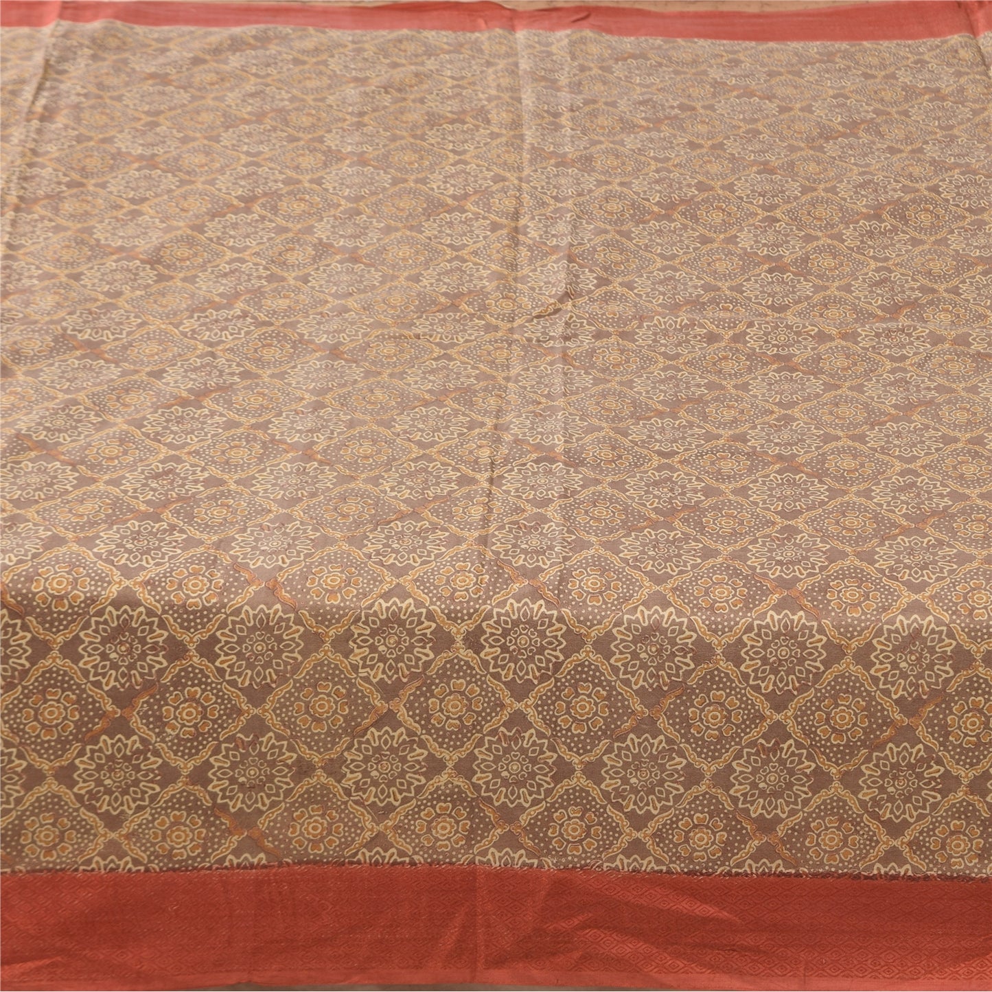 Sanskriti Vintage Sarees Brown Indian Pure Silk Printed Sari 5+yd Craft Fabric