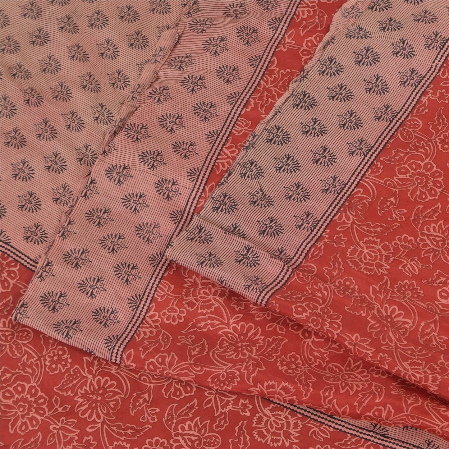 Sanskriti Vintage Sarees Red/Peach 100% Pure Silk Block Printed Sari 5+yd Fabric