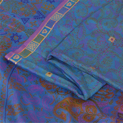 Sanskriti Vintage Sarees Blue Pure Silk Printed Woven Sari 5+yd Craft Fabric