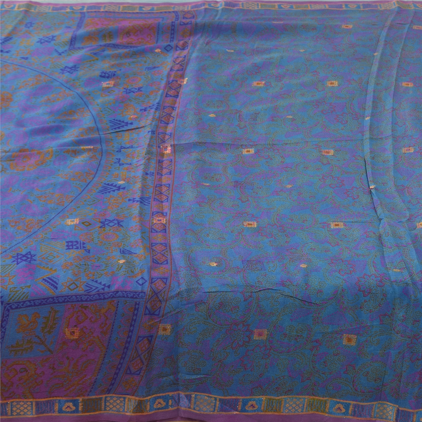 Sanskriti Vintage Sarees Blue Pure Silk Printed Woven Sari 5+yd Craft Fabric