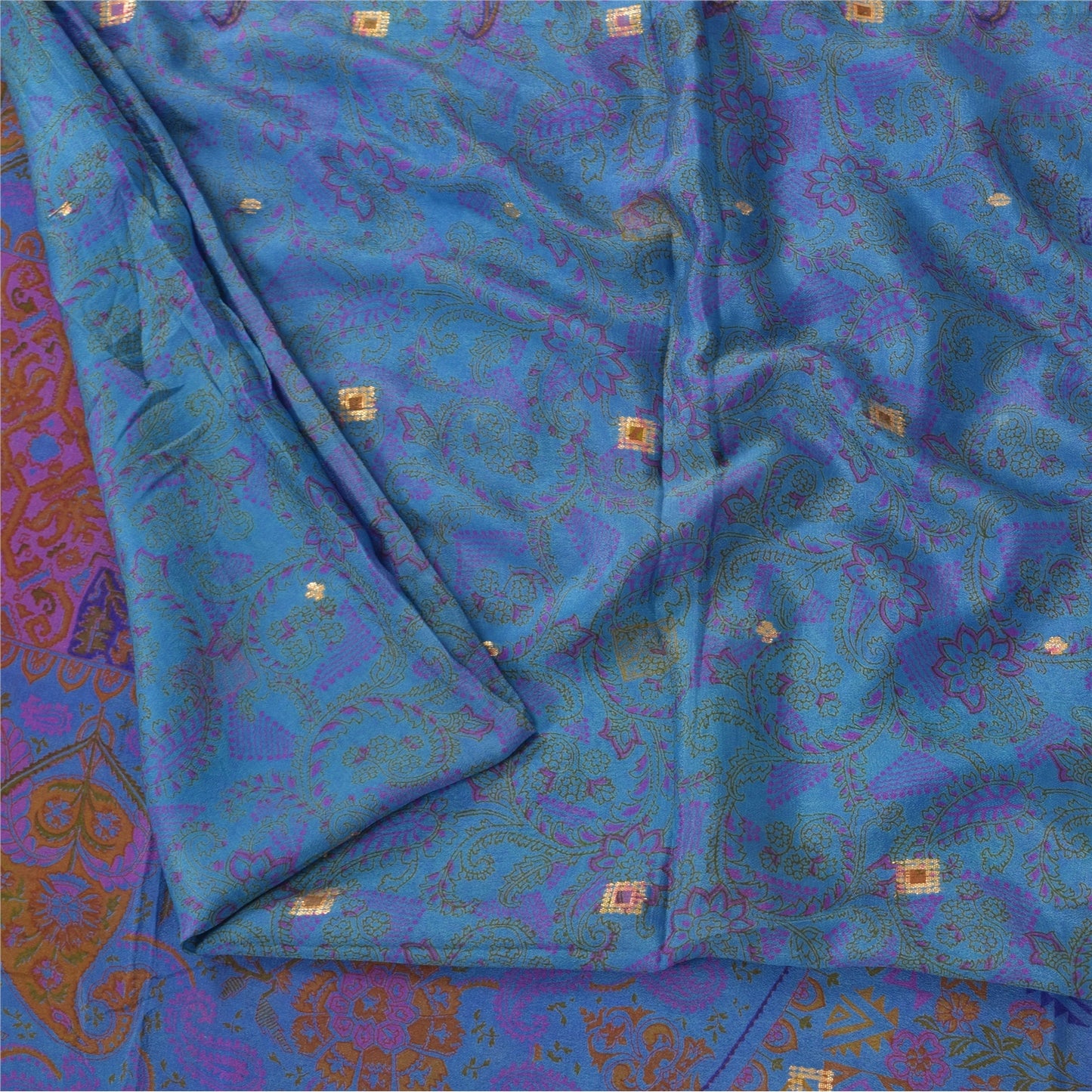 Sanskriti Vintage Sarees Blue Pure Silk Printed Woven Sari 5+yd Craft Fabric