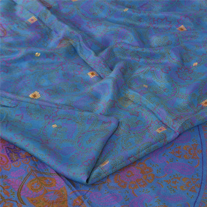 Sanskriti Vintage Sarees Blue Pure Silk Printed Woven Sari 5+yd Craft Fabric