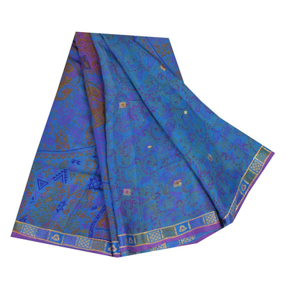 Sanskriti Vintage Sarees Blue Pure Silk Printed Woven Sari 5+yd Craft Fabric