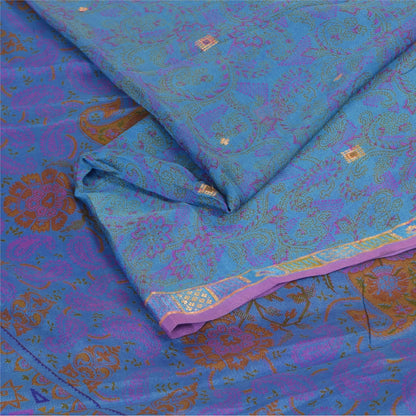 Sanskriti Vintage Sarees Blue Pure Silk Printed Woven Sari 5+yd Craft Fabric