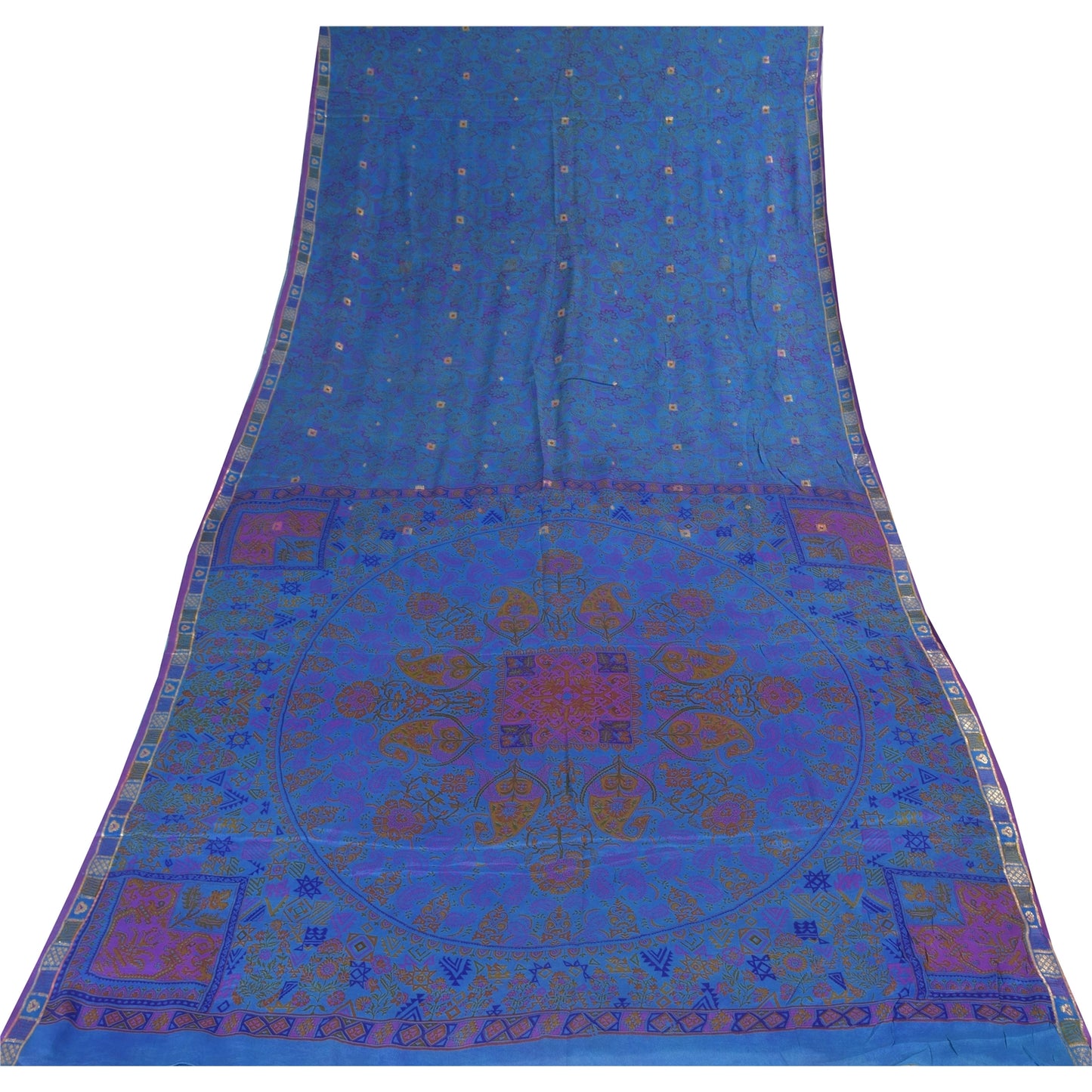 Sanskriti Vintage Sarees Blue Pure Silk Printed Woven Sari 5+yd Craft Fabric