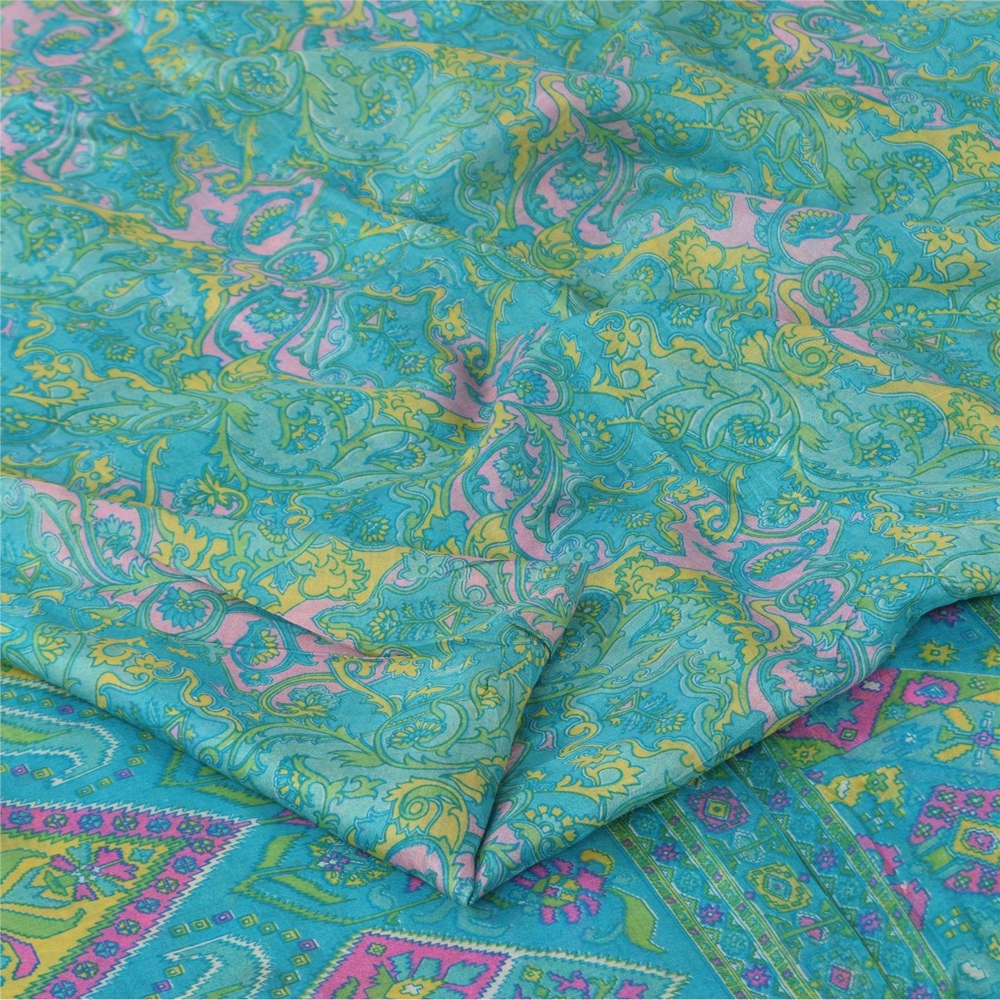 Sanskriti Vintage Sarees Blue Indian Pure Silk Printed Sari 6+yd Craft Fabric