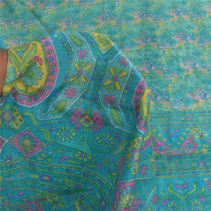 Sanskriti Vintage Sarees Blue Indian Pure Silk Printed Sari 6+yd Craft Fabric