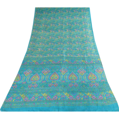 Sanskriti Vintage Sarees Blue Indian Pure Silk Printed Sari 6+yd Craft Fabric