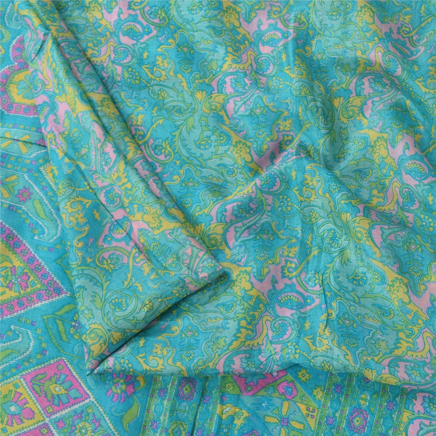 Sanskriti Vintage Sarees Blue Indian Pure Silk Printed Sari 6+yd Craft Fabric