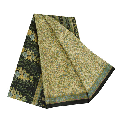 Sanskriti Vintage Sarees Ivory/Green Pure Silk Printed Sari 5+yd Craft Fabric