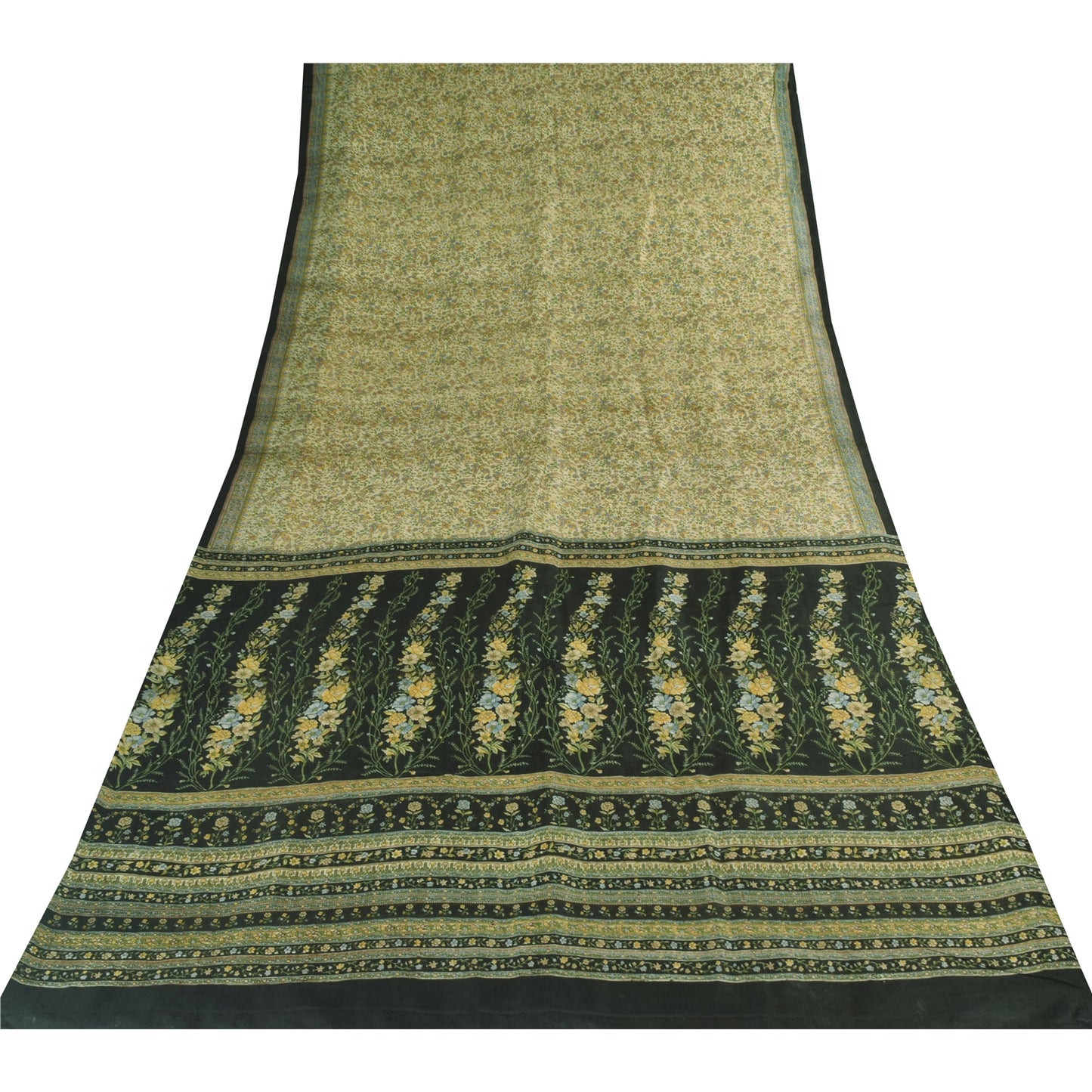 Sanskriti Vintage Sarees Ivory/Green Pure Silk Printed Sari 5+yd Craft Fabric