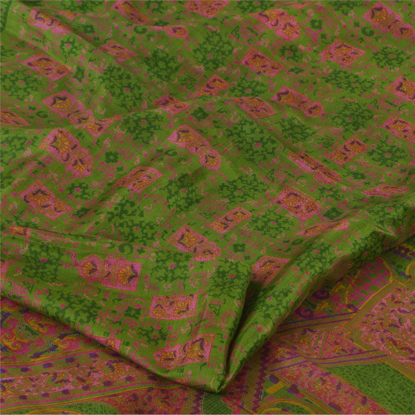 Sanskriti Vintage Sarees Green/Pink Pure Silk Printed Sari 6+yd Craft Fabric