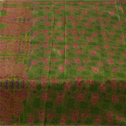 Sanskriti Vintage Sarees Green/Pink Pure Silk Printed Sari 6+yd Craft Fabric