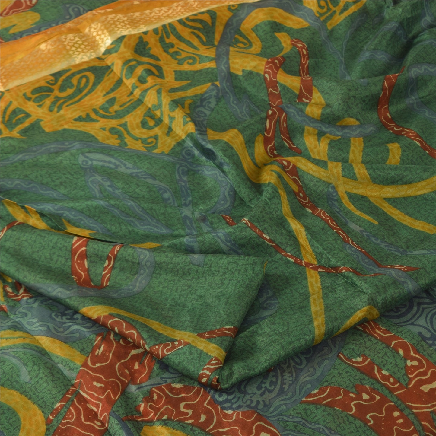 Sanskriti Vintage Sarees Green/Yellow Pure Silk Printed Sari 5+yd Craft Fabric