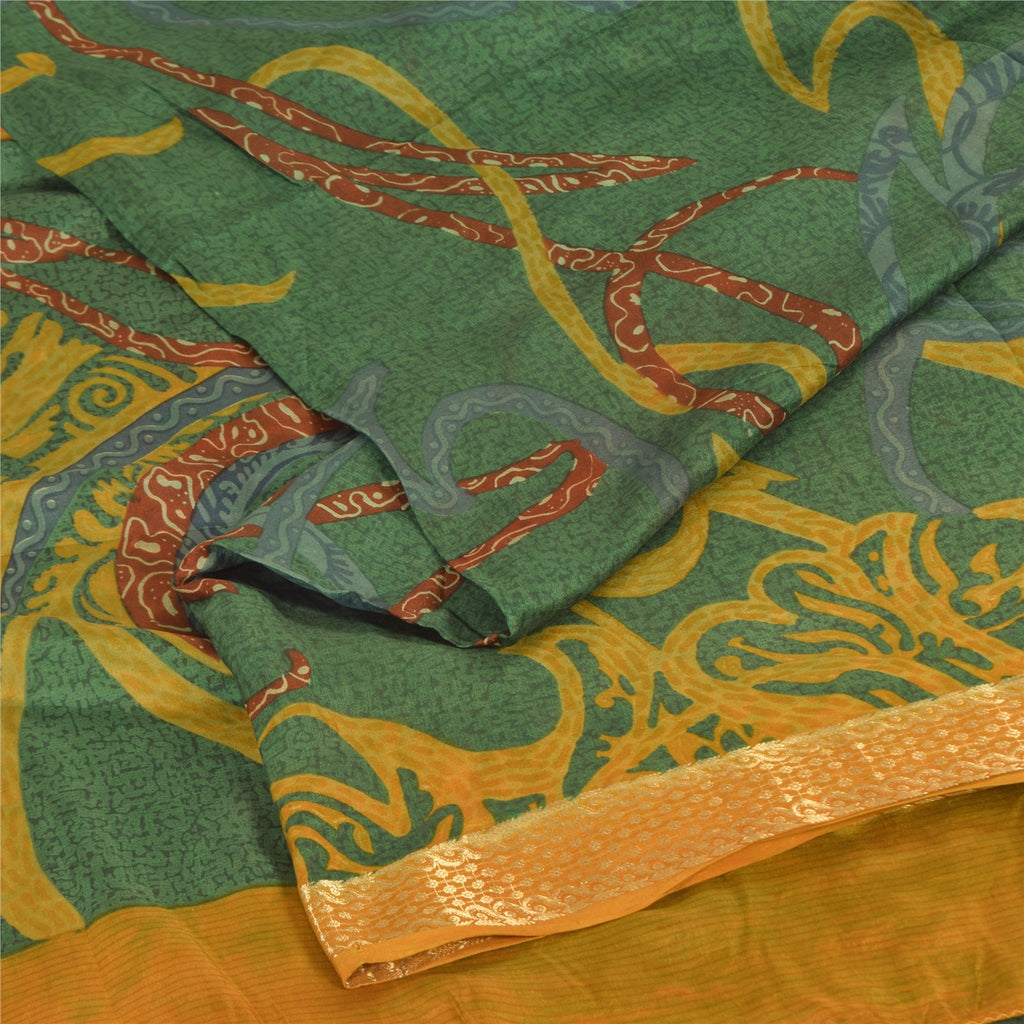 Sanskriti Vintage Sarees Green/Yellow Pure Silk Printed Sari 5+yd Craft Fabric