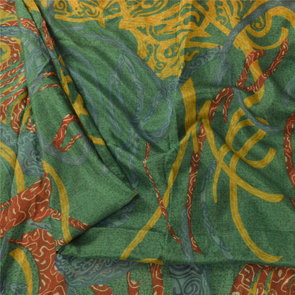 Sanskriti Vintage Sarees Green/Yellow Pure Silk Printed Sari 5+yd Craft Fabric