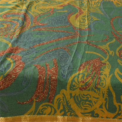 Sanskriti Vintage Sarees Green/Yellow Pure Silk Printed Sari 5+yd Craft Fabric