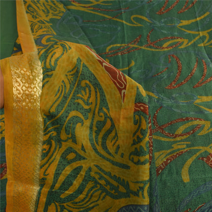 Sanskriti Vintage Sarees Green/Yellow Pure Silk Printed Sari 5+yd Craft Fabric