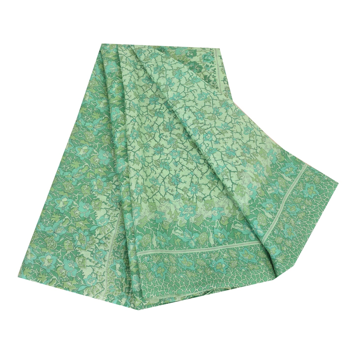 Sanskriti Vintage Sarees Sea-Green Pure Silk Printed Sari 6+yd Craft Fabric