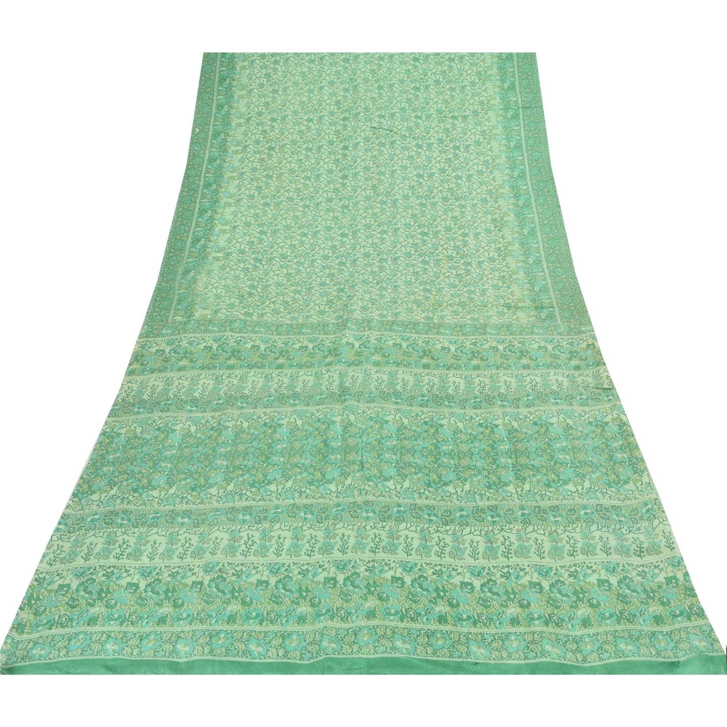 Sanskriti Vintage Sarees Sea-Green Pure Silk Printed Sari 6+yd Craft Fabric