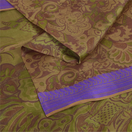 Sanskriti Vintage Sarees Green Indian Pure Silk Printed Sari 5+yd Craft Fabric