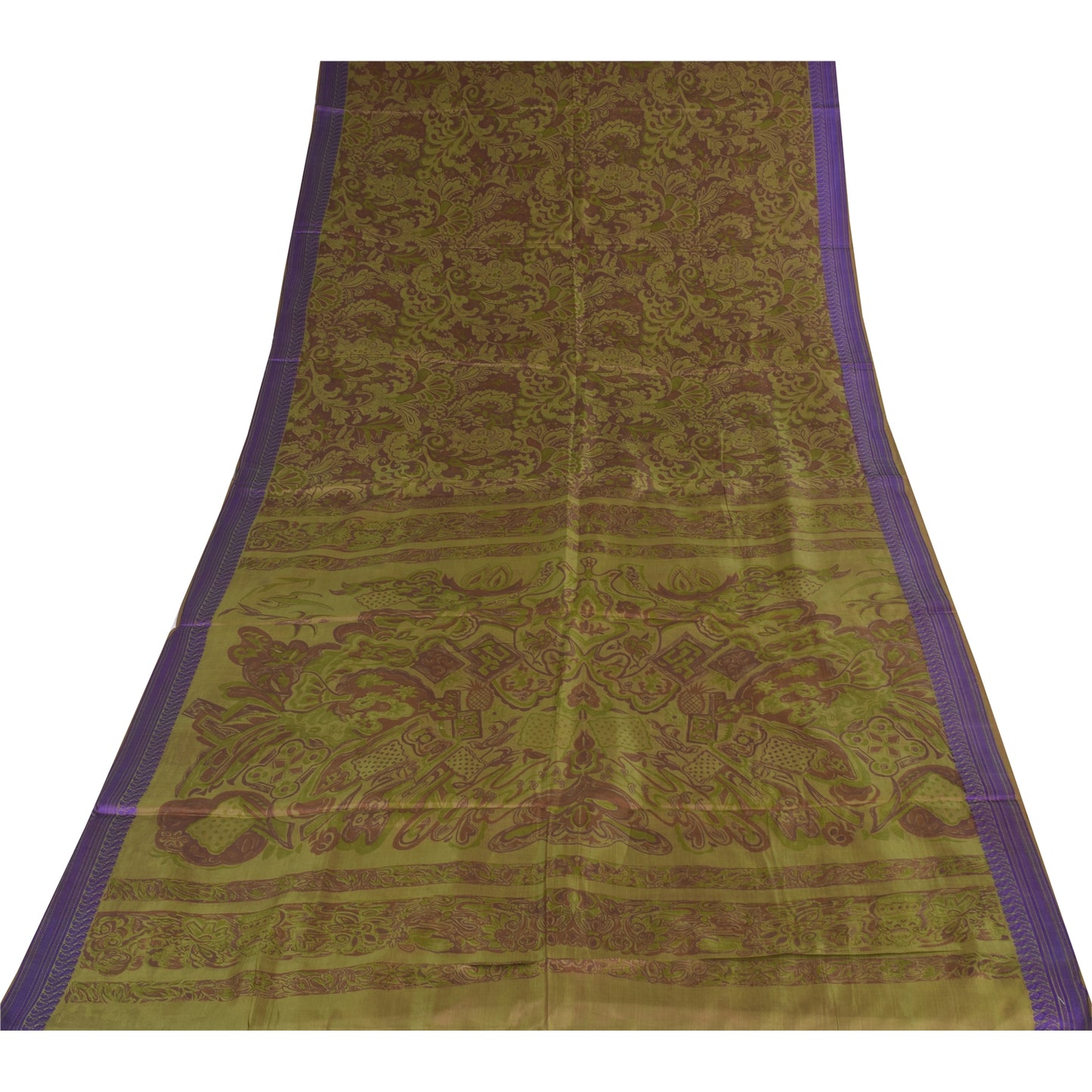 Sanskriti Vintage Sarees Green Indian Pure Silk Printed Sari 5+yd Craft Fabric